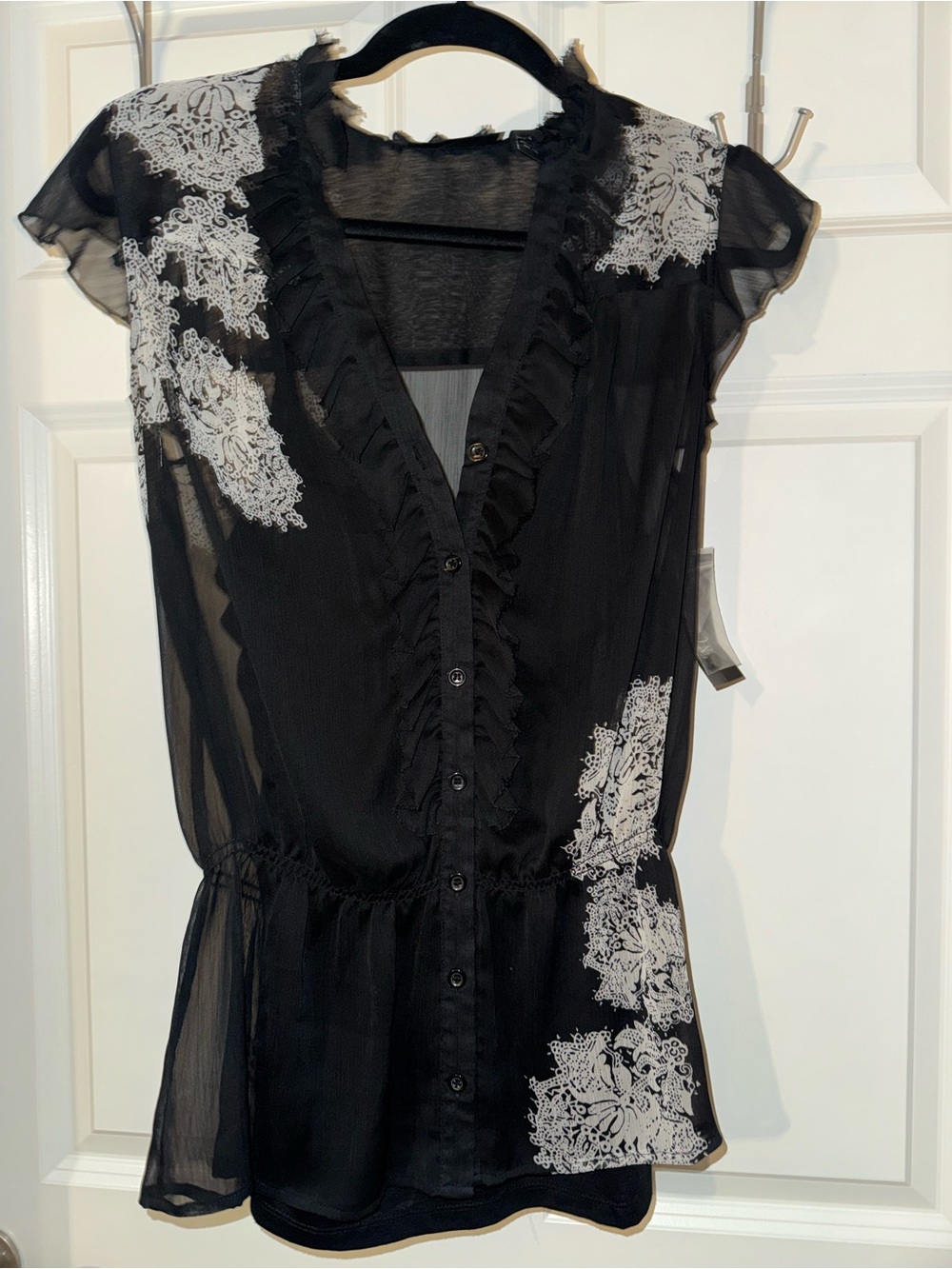 2 Piece Cami w/ Black Sheer Ruffle-Trim Button Front Top with White Lace Print